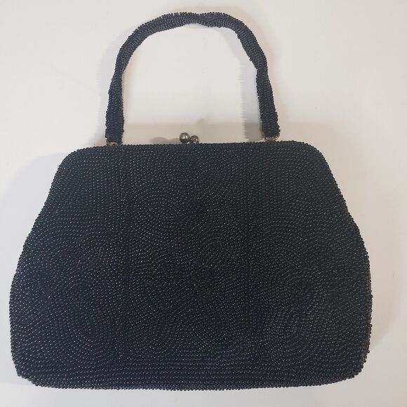 Beautiful Vintage Safco Small Black Beaded Bag Purse Made in Japan Kiss Closure - Picture 1 of 9